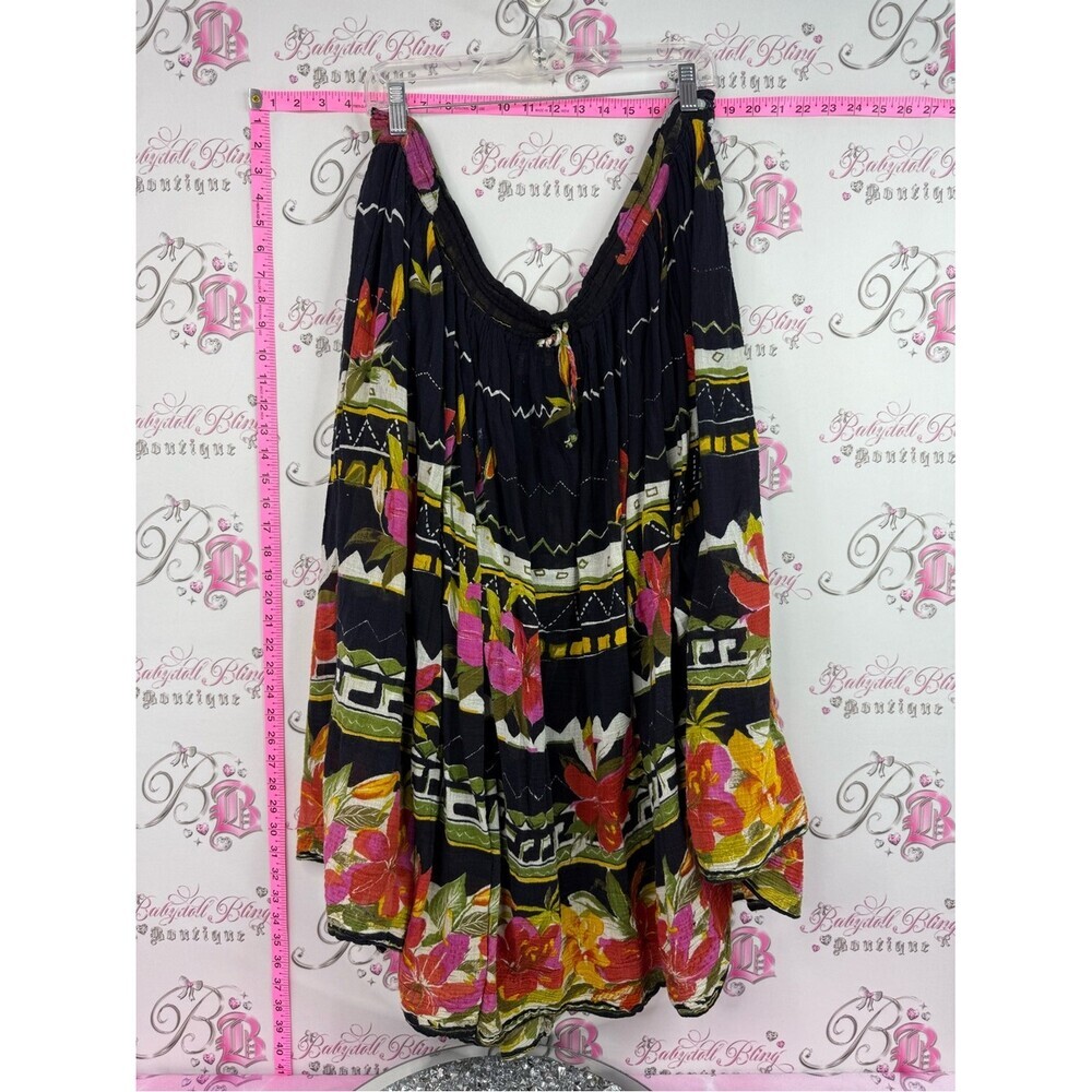 Papillon Blanc Black Floral Midi Skirt with Pink & Yellow Blooms